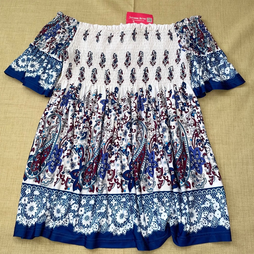 Suzanne Betro Smocked Paisley Off Shoulders Top Blouse